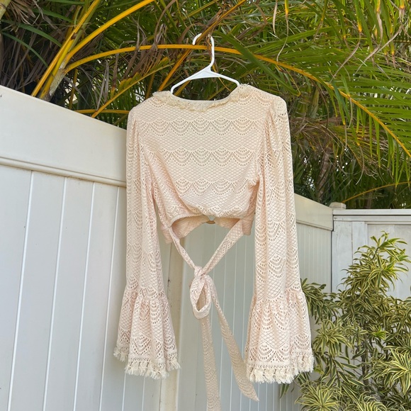SMALL boho cream beachy long sleeve shirt - Picture 2 of 3